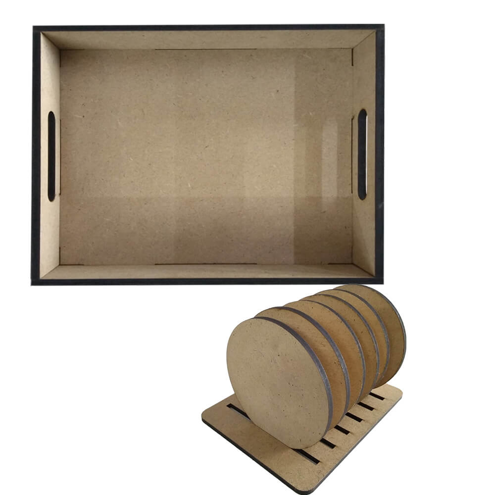 Combo of MDF Rectangle Tray and Round Coasters With Stand